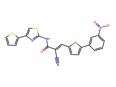 (E)-2-cyano-3-[5-(3-nitrophenyl)furan-2-yl]-N-(4-thiophen-2-yl-1,3-thiazol-2-yl)prop-2-enamide structure