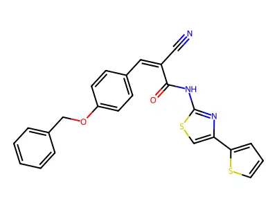 (Z)-2-Cyano-3-(4-phenylmethoxyphenyl)-N-(4-thiophen-2-yl-1,3-thiazol-2-yl)prop-2-enamide structure