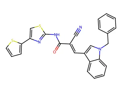 3-(1-benzyl-1H-indol-3-yl)-2-cyano-N-[4-(thiophen-2-yl)-1,3-thiazol-2-yl]prop-2-enamide structure