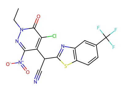 2-(5-chloro-1-ethyl-3-nitro-6-oxopyridazin-4-yl)-2-[5-(trifluoromethyl)-1,3-benzothiazol-2-yl]acetonitrile structure