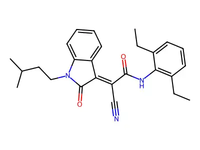 (2E)-2-cyano-N-(2,6-diethylphenyl)-2-[1-(3-methylbutyl)-2-oxoindol-3-ylidene]acetamide structure