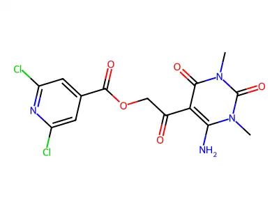 [2-(4-amino-1,3-dimethyl-2,6-dioxopyrimidin-5-yl)-2-oxoethyl] 2,6-dichloropyridine-4-carboxylate structure