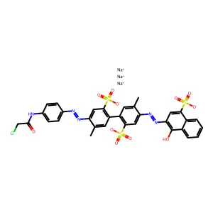 (1,1'-Biphenyl)-2,2'-disulfonic acid, 4-((4-((chloroacetyl)amino)phenyl)azo)-4'-((1-hydroxy-4-sulfo-2-naphthalenyl)azo)-5,5'-dimethyl-, trisodium salt structure