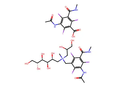 D-Glucammonium, N-(3-acetamido-5-(methylcarbamoyl)-2,4,6-triiodobenzyl)-N-(2,3-dihydroxypropyl)-N-methyl-, (3-acetamido-5-methylcarbamoyl-2,4,6-triiodo)-, benzoate structure