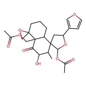 Dispiro(furan-3(2H),1'(5'H)-naphthalene-5',2''-oxiran)-4'(4'aH)-one,2-(acetyloxy)-4'a-((acetyloxy)methyl)-5-(3-furanyl)octahydro-3'-hydroxy-2'-methyl-, (1'S,2S,2'S,2''R,3'R,4'aR,5S,8'aR)- structure