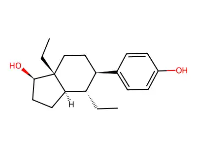 (+-)-2-alpha,6-beta-Diethyl-3-beta-(p-hydroxyphenyl)-trans-bicyclo(4.3.0)nonan-7-beta-ol structure