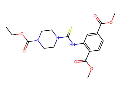 1,4-dimethyl 2-{[4-(ethoxycarbonyl)piperazine-1-carbothioyl]amino}benzene-1,4-dicarboxylate structure