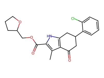 tetrahydrofuran-2-ylmethyl 6-(2-chlorophenyl)-3-methyl-4-oxo-4,5,6,7-tetrahydro-1H-indole-2-carboxylate structure