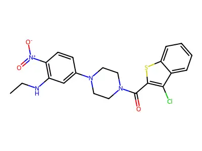 (3-chloro-1-benzothiophen-2-yl)-[4-[3-(ethylamino)-4-nitrophenyl]piperazin-1-yl]methanone structure