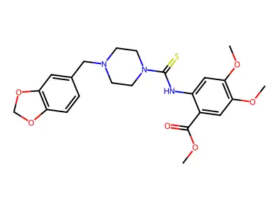 methyl 2-(4-(benzo[d][1,3]dioxol-5-ylmethyl)piperazine-1-carbothioamido)-4,5-dimethoxybenzoate structure