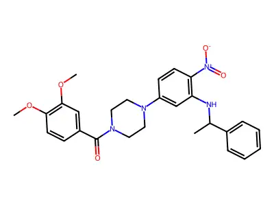 (3,4-dimethoxyphenyl)(4-{4-nitro-3-[(1-phenylethyl)amino]phenyl}piperazin-1-yl)methanone structure