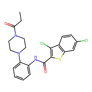 3,6-dichloro-N-[2-(4-propanoylpiperazin-1-yl)phenyl]-1-benzothiophene-2-carboxamide structure