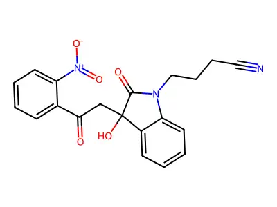 4-{3-hydroxy-3-[2-(2-nitrophenyl)-2-oxoethyl]-2-oxo-2,3-dihydro-1H-indol-1-yl}butanenitrile structure