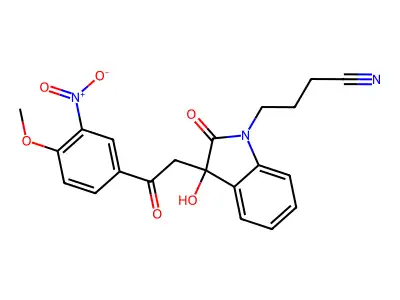 4-{3-hydroxy-3-[2-(4-methoxy-3-nitrophenyl)-2-oxoethyl]-2-oxo-2,3-dihydro-1H-indol-1-yl}butanenitrile structure