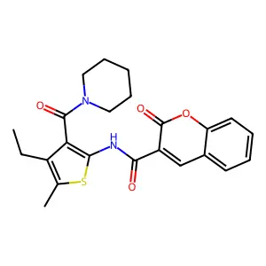 N-[4-ethyl-5-methyl-3-(piperidine-1-carbonyl)thiophen-2-yl]-2-oxochromene-3-carboxamide structure