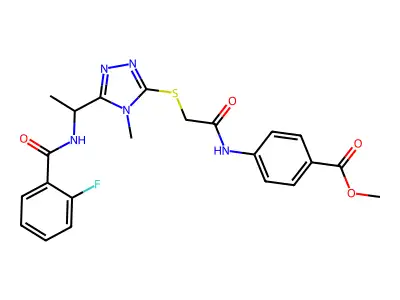 methyl 4-[({[5-(1-{[(2-fluorophenyl)carbonyl]amino}ethyl)-4-methyl-4H-1,2,4-triazol-3-yl]sulfanyl}acetyl)amino]benzoate structure