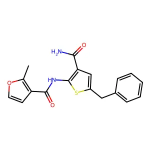 N-(5-benzyl-3-carbamoylthiophen-2-yl)-2-methylfuran-3-carboxamide structure