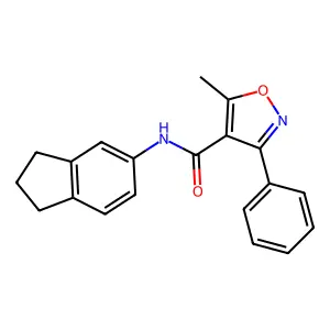 N-(2,3-dihydro-1H-inden-5-yl)-5-methyl-3-phenyl-1,2-oxazole-4-carboxamide structure