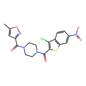 [4-(3-chloro-6-nitro-1-benzothiophene-2-carbonyl)piperazin-1-yl]-(5-methyl-1,2-oxazol-3-yl)methanone structure