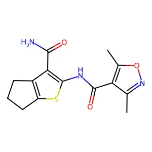 N-(3-carbamoyl-5,6-dihydro-4H-cyclopenta[b]thiophen-2-yl)-3,5-dimethyl-1,2-oxazole-4-carboxamide structure