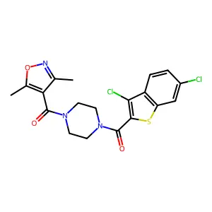[4-(3,6-dichloro-1-benzothiophene-2-carbonyl)piperazin-1-yl]-(3,5-dimethyl-1,2-oxazol-4-yl)methanone structure