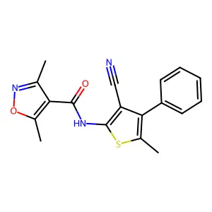 N-(3-cyano-5-methyl-4-phenyl-2-thiophenyl)-3,5-dimethyl-4-isoxazolecarboxamide structure