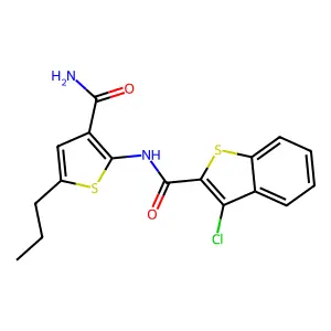 N-(3-carbamoyl-5-propylthiophen-2-yl)-3-chloro-1-benzothiophene-2-carboxamide structure