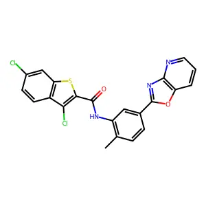3,6-dichloro-N-[2-methyl-5-([1,3]oxazolo[4,5-b]pyridin-2-yl)phenyl]-1-benzothiophene-2-carboxamide structure