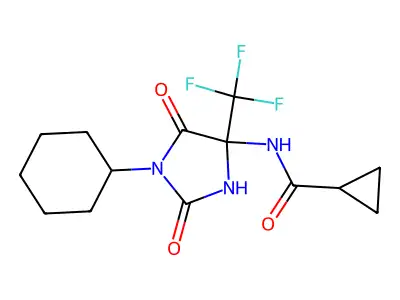 N-[1-cyclohexyl-2,5-dioxo-4-(trifluoromethyl)imidazolidin-4-yl]cyclopropanecarboxamide structure