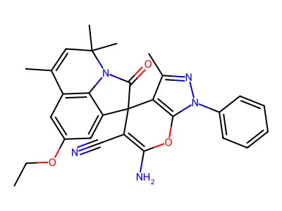 6-amino-8'-ethoxy-3,4',4',6'-tetramethyl-2'-oxo-1-phenyl-1H,4'H-spiro[pyrano[2,3-c]pyrazole-4,1'-pyrrolo[3,2,1-ij]quinoline]-5-carbonitrile structure