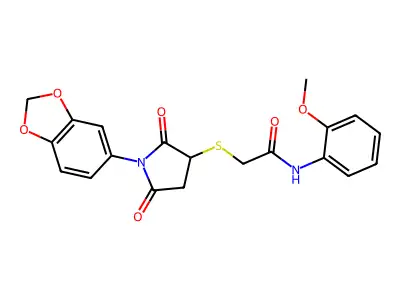 2-[1-(1,3-benzodioxol-5-yl)-2,5-dioxopyrrolidin-3-yl]sulfanyl-N-(2-methoxyphenyl)acetamide structure