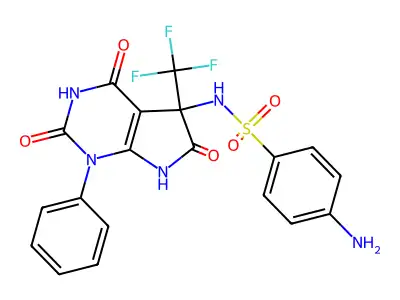 4-amino-N-(2,4,6-trioxo-1-phenyl-5-(trifluoromethyl)-2,3,4,5,6,7-hexahydro-1H-pyrrolo[2,3-d]pyrimidin-5-yl)benzenesulfonamide structure