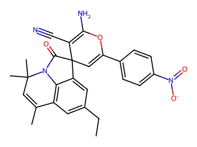 2-amino-8'-ethyl-4',4',6'-trimethyl-6-(4-nitrophenyl)-2'-oxo-4'H-spiro[pyran-4,1'-pyrrolo[3,2,1-ij]quinoline]-3-carbonitrile structure