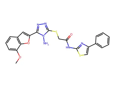 2-[[4-amino-5-(7-methoxy-1-benzofuran-2-yl)-1,2,4-triazol-3-yl]sulfanyl]-N-(4-phenyl-1,3-thiazol-2-yl)acetamide structure