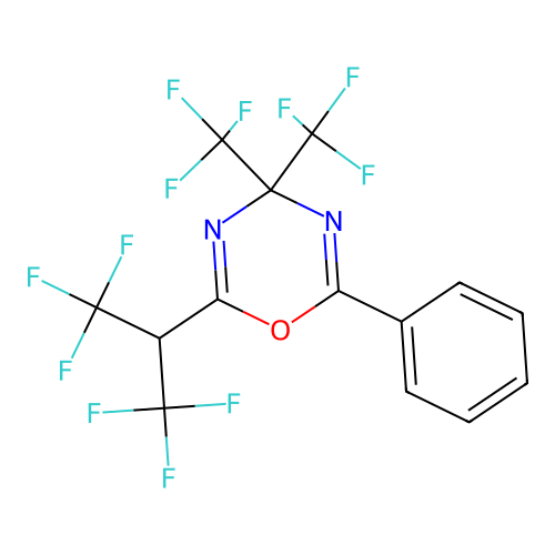 2-(1,1,1,3,3,3-hexafluoropropan-2-yl)-6-phenyl-4,4-bis(trifluoromethyl)-1,3,5-oxadiazine structure