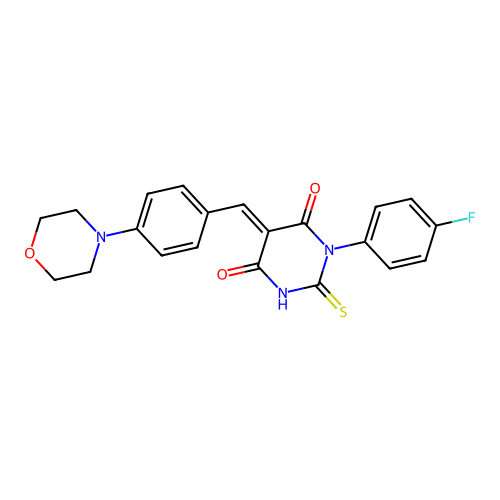 (5E)-1-(4-fluorophenyl)-5-[(4-morpholin-4-ylphenyl)methylidene]-2-sulfanylidene-1,3-diazinane-4,6-dione structure