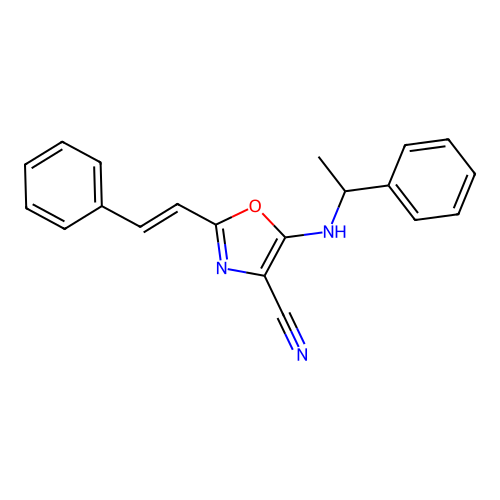 2-[(E)-2-phenylethenyl]-5-(1-phenylethylamino)-1,3-oxazole-4-carbonitrile structure