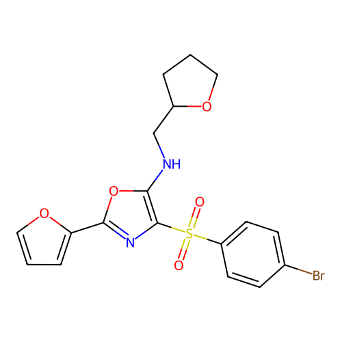 4-((4-bromophenyl)sulfonyl)-2-(furan-2-yl)-N-((tetrahydrofuran-2-yl)methyl)oxazol-5-amine structure