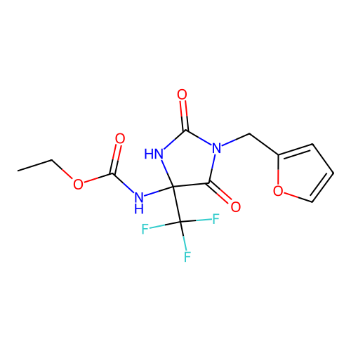ethyl (1-(furan-2-ylmethyl)-2,5-dioxo-4-(trifluoromethyl)imidazolidin-4-yl)carbamate structure