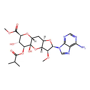D-arabino-alpha-L-ido-7-Undeculo-7,3-pyranose-1,4-furanuronic acid,1-(6-amino-9H-purin-9-yl)-6,10-anhydro-1,5-dideoxy-2-O-methyl-, methyl ester, 8-(2-methylpropanoate), (7R)- structure