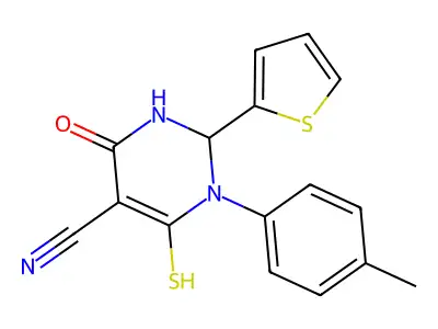 1-(4-methylphenyl)-4-oxo-6-sulfanyl-2-(2-thienyl)-1,2,3,4-tetrahydro-5-pyrimidinecarbonitrile structure