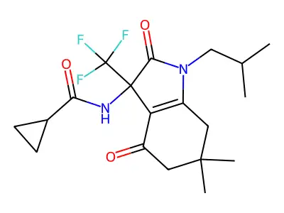 N-[6,6-dimethyl-1-(2-methylpropyl)-2,4-dioxo-3-(trifluoromethyl)-5,7-dihydroindol-3-yl]cyclopropanecarboxamide structure