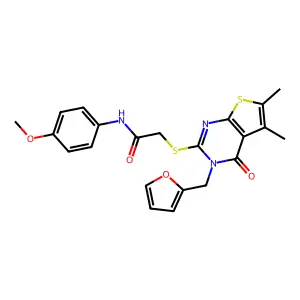 2-[3-(furan-2-ylmethyl)-5,6-dimethyl-4-oxothieno[2,3-d]pyrimidin-2-yl]sulfanyl-N-(4-methoxyphenyl)acetamide structure