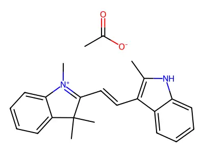 1,3,3-trimethyl-2-[2-(2-methyl-1H-indol-3-yl)ethenyl]indol-1-ium acetate structure