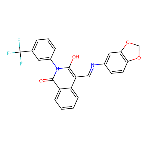 (4E)-4-[(1,3-benzodioxol-5-ylamino)methylidene]-2-[3-(trifluoromethyl)phenyl]isoquinoline-1,3(2H,4H)-dione structure