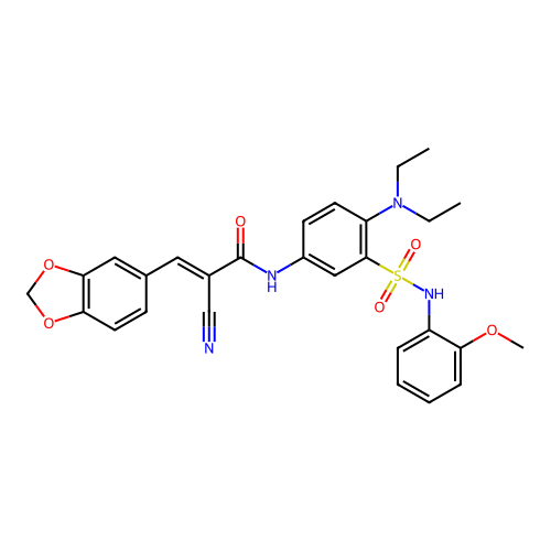 (E)-3-(1,3-benzodioxol-5-yl)-2-cyano-N-[4-(diethylamino)-3-[(2-methoxyphenyl)sulfamoyl]phenyl]prop-2-enamide structure