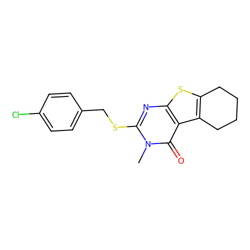 2-((4-chlorobenzyl)thio)-3-methyl-5,6,7,8-tetrahydrobenzo[4,5]thieno[2,3-d]pyrimidin-4(3H)-one structure