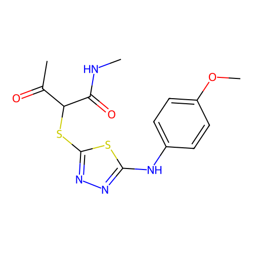 (2R)-2-[[5-(4-methoxyanilino)-1,3,4-thiadiazol-2-yl]sulfanyl]-N-methyl-3-oxobutanamide structure