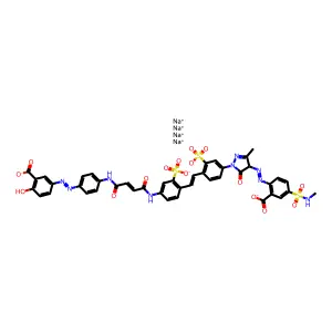 Tetrasodium 2-{[1-(4-{2-[4-(4-{4-[(3-carboxylato-4-hydroxyphenyl)diazenyl]anilino}-4-oxobut-2-enamido)-2-sulfonatophenyl]ethenyl}-3-sulfonatophenyl)-3-methyl-5-oxo-4,5-dihydro-1H-pyrazol-4-yl]diazenyl}-5-(methylsulfamoyl)benzoate structure