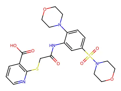 2-[({[2-(morpholin-4-yl)-5-(morpholine-4-sulfonyl)phenyl]carbamoyl}methyl)sulfanyl]pyridine-3-carboxylic acid structure